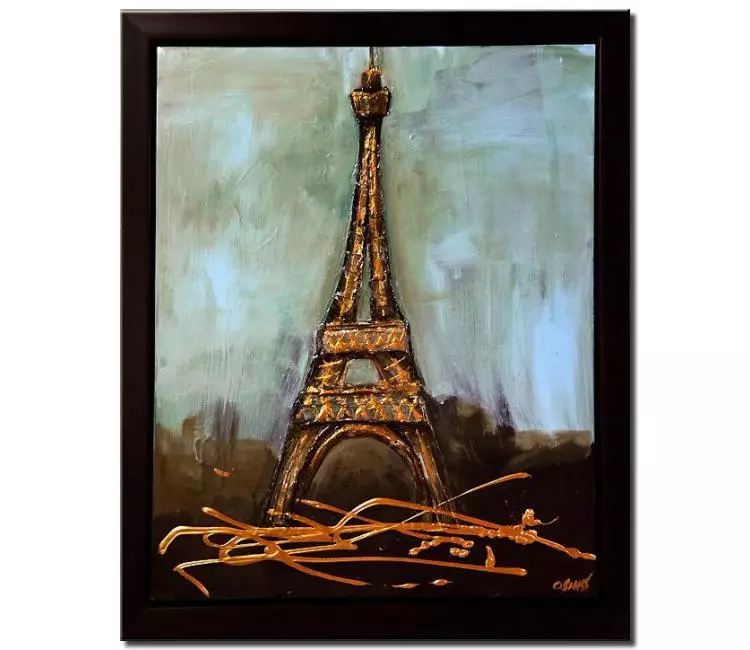 cityscape painting - Eiffel tower painting on canvas original minimalist abstract art textured modern bronze light blue wall art