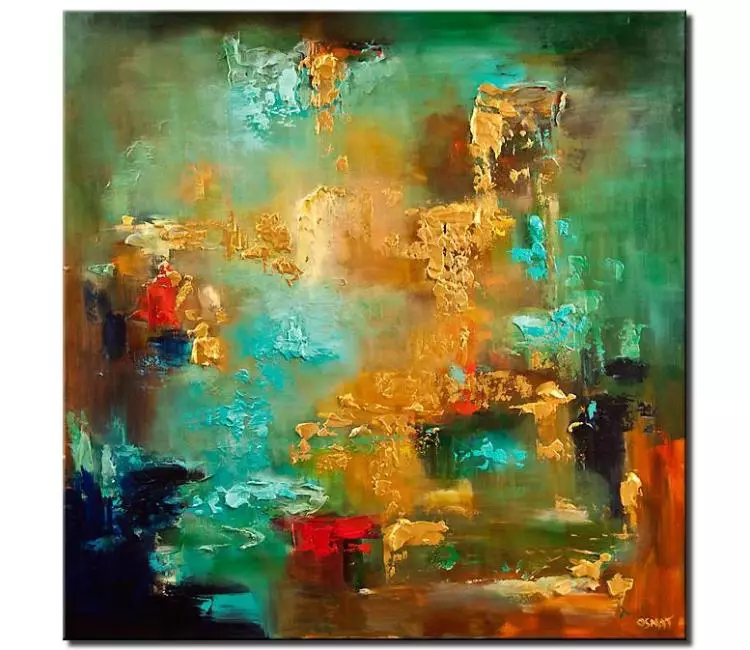 abstract painting - turquoise gold abstract art on canvas original modern 3d art textured painting square modern living room art