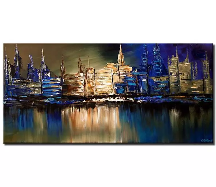print on canvas - canvas print of blue cityscape reflected on water