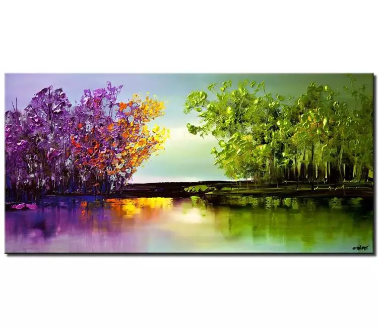 landscape paintings - colorful forest trees painting modern green purple abstract landscape art on canvas original textured art for living room