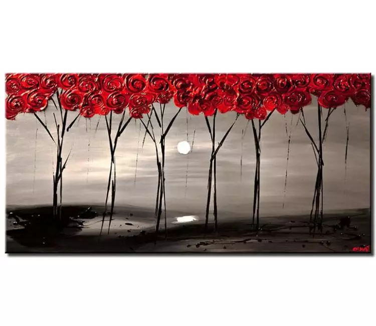 print on canvas - canvas print of  abstract red blooming trees on gray landscape