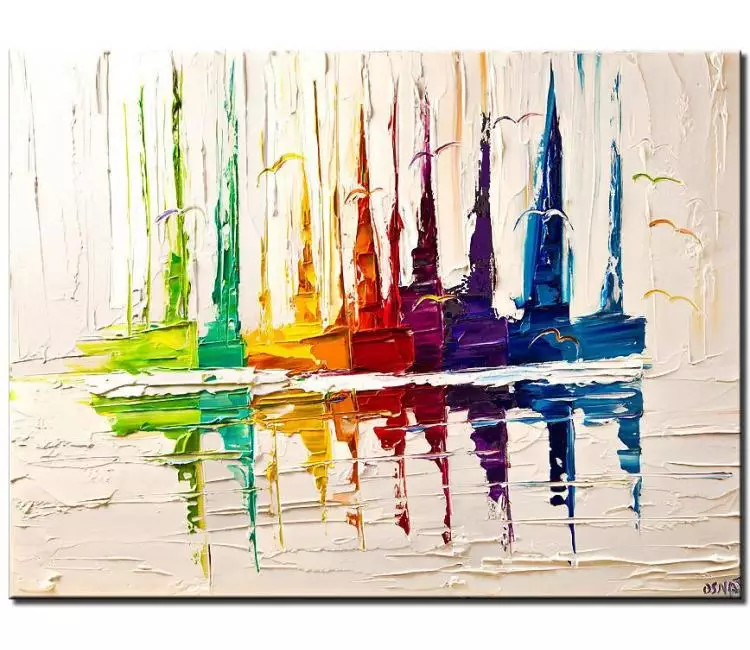 print on canvas - canvas print of colorful boats on white palette knife