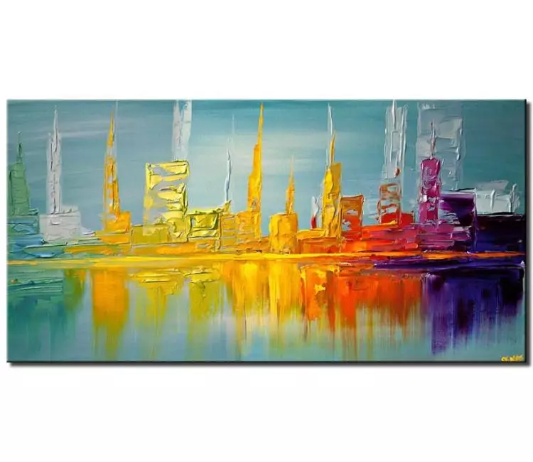 cityscape painting - light blue abstract painting city shoreline modern original city painting