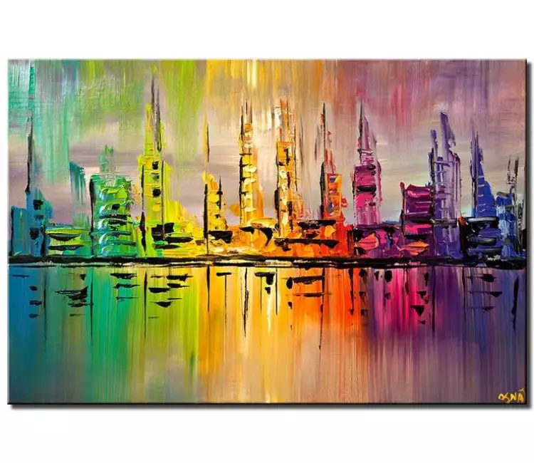 print on canvas - canvas print of colorful skyline city painting palette knife