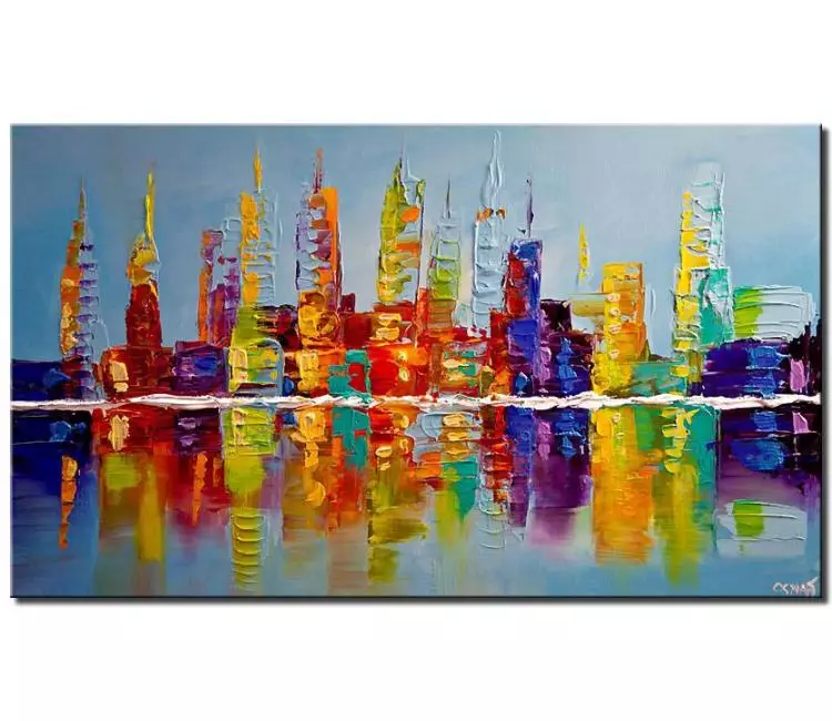 print on canvas - canvas print of modern city skyline colorful modern wall art texture palette knife