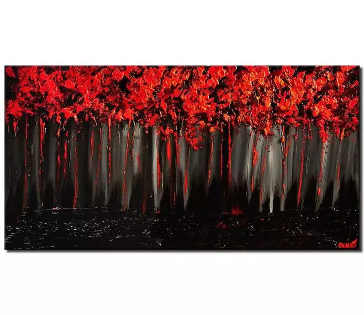 print on canvas - canvas print of red forest on black background blooming trees painting heavy impasto
