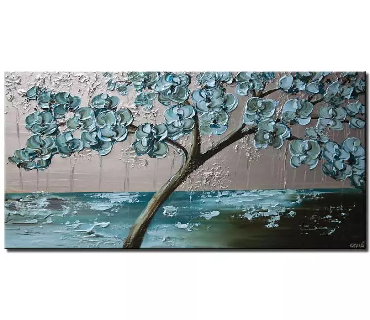 print on canvas - canvas print of flowering tree painting light blue silver palette knife