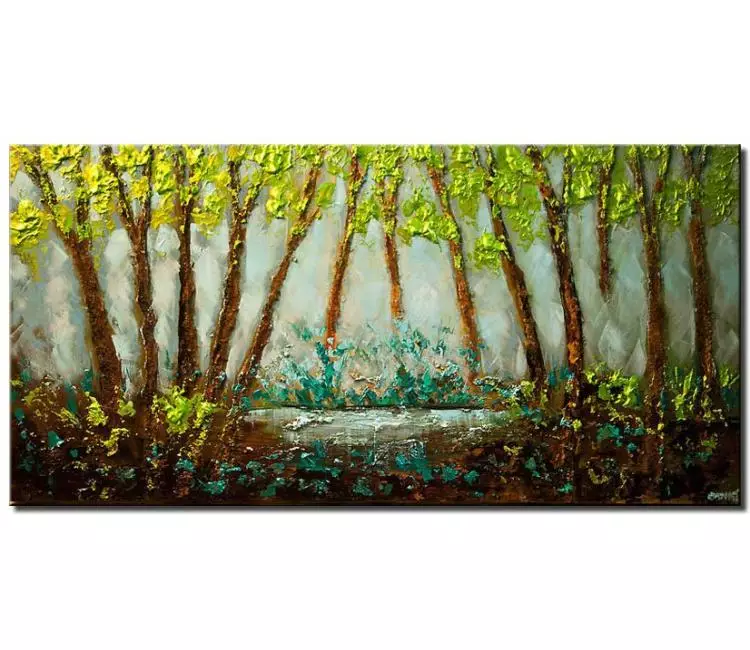 landscape paintings - green abstract landscape art on canvas original textured forest trees painting modern living room wall art