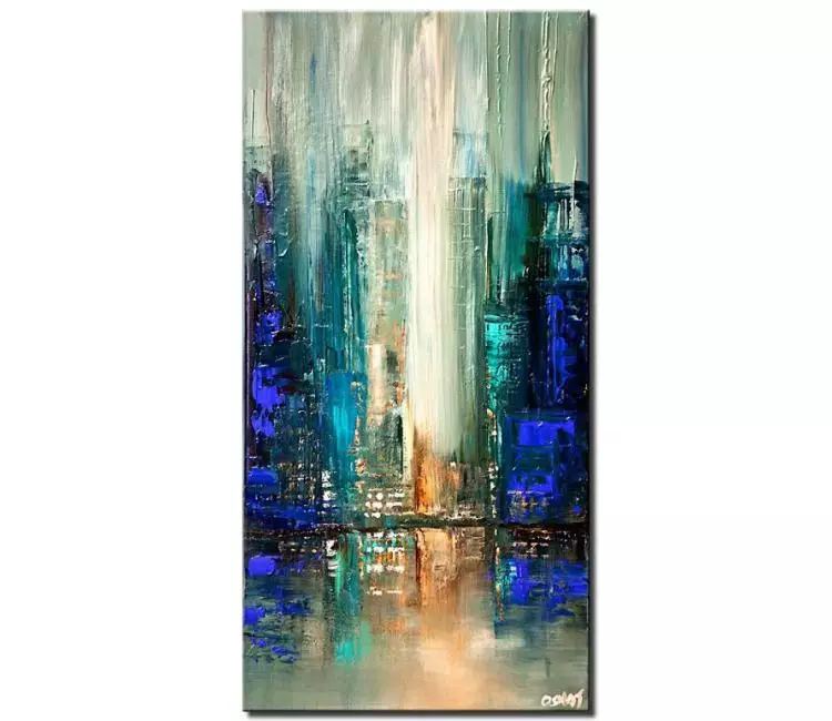cityscape painting - original city painting on canvas textured 3d blue wall art modern vertical living room wall art