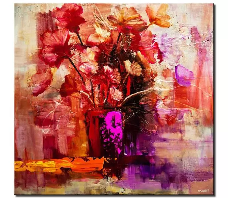 floral painting - pink red painting vase flowers painting on canvas original square abstract art for living dining room