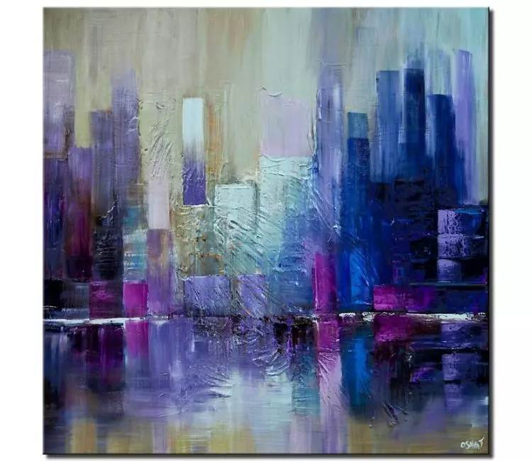 cityscape painting - blue purple original abstract city painting on canvas textured contemporary city art square painting