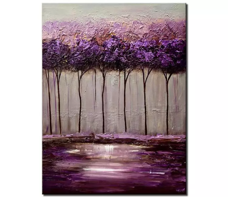 landscape paintings - purple trees painting on canvas original textured trees art grey purple modern living room art