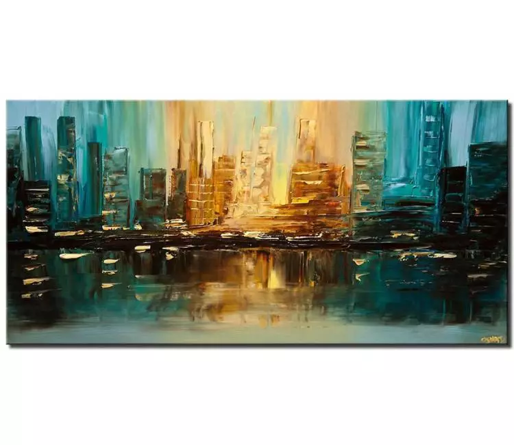 cityscape painting - original teal city art on canvas abstract textured acrylic city painting living room modern art