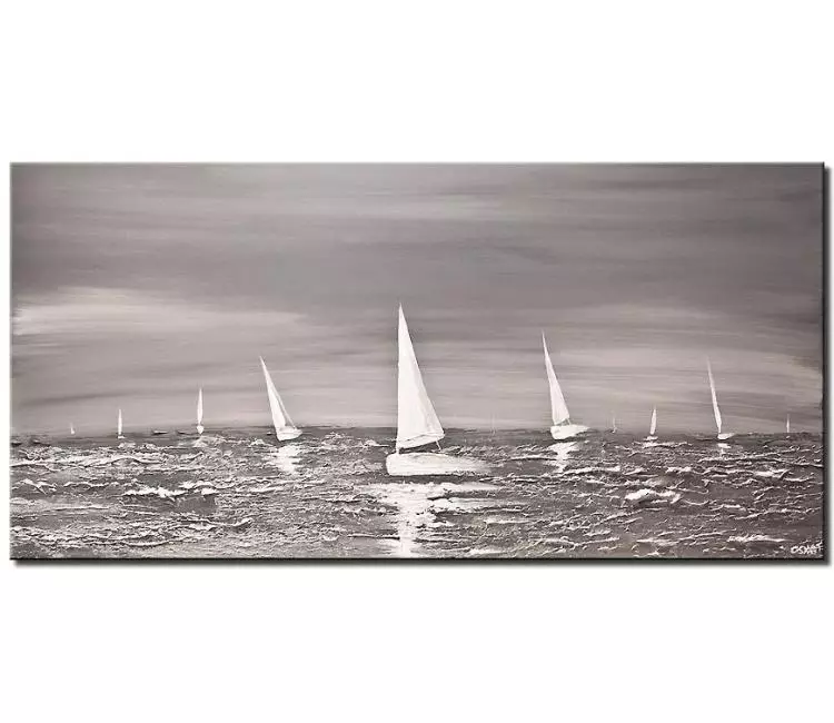 sailboats painting - minimalist sailboats painting on canvas original textured  boat painting gray silver living room modern art