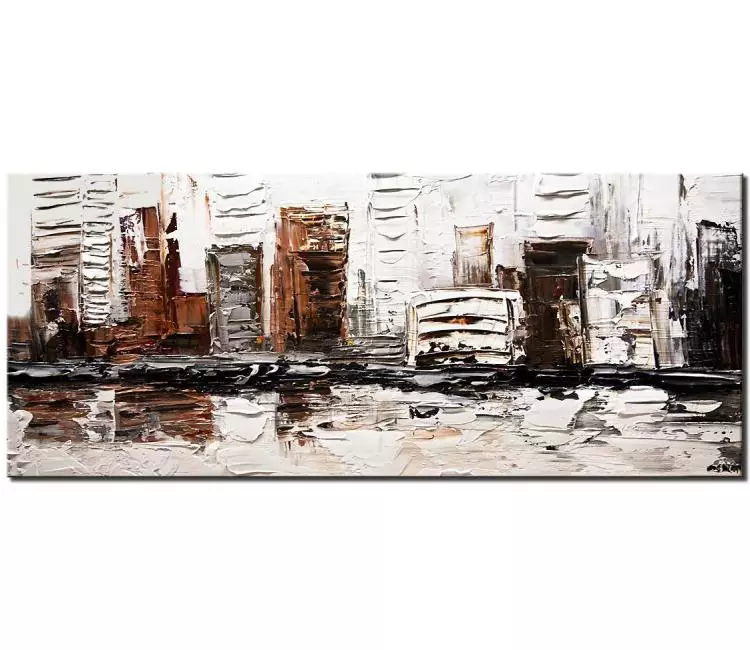 cityscape painting - original city art on canvas minimalist textured black and white modern living room city painting