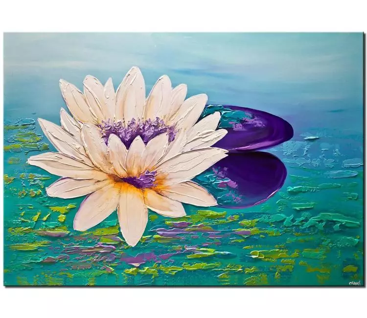 floral painting - lotus flower painting on canvas original textured blue green purple abstract flower art modern living room wall art