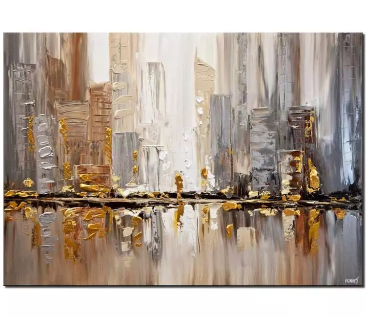 cityscape painting - original gold silver cityscape painting on canvas modern neutral colors abstract city art textured city painting modern art