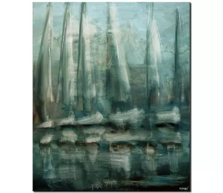 sailboats painting - modern light blue sailboats painting on canvas living room wall art