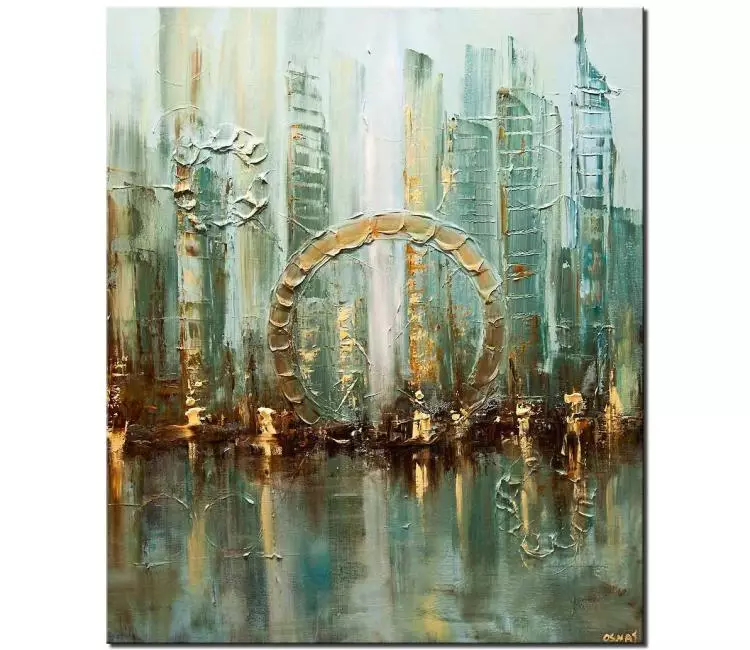 cityscape painting - light blue city painting on canvas original textured abstract cityscape painting modern living room wall art