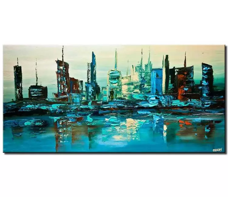 cityscape painting - blue city painting on canvas original textured abstract cityscape painting modern living room wall art