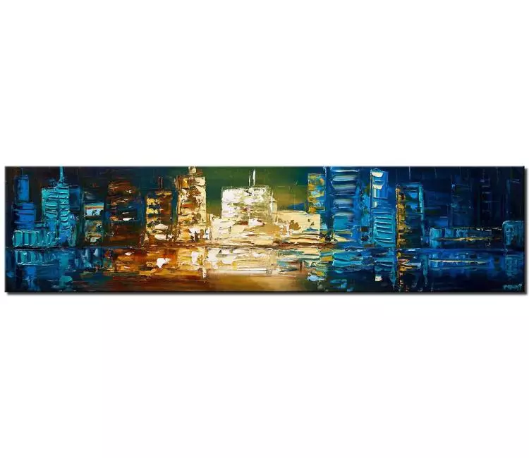 cityscape painting - minimalist abstract cityscape painting on canvas original blue green textured city painting modern living room wall rt