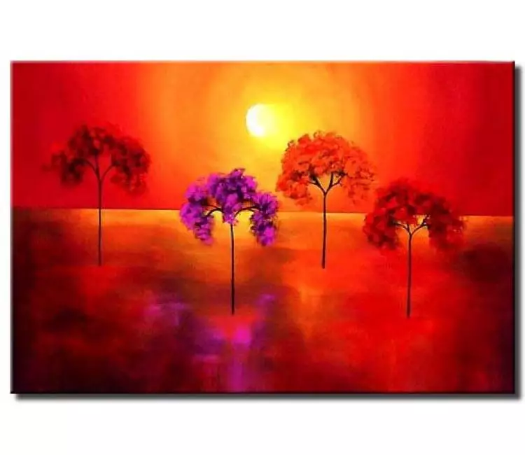 forest painting - four trees and glowing sun