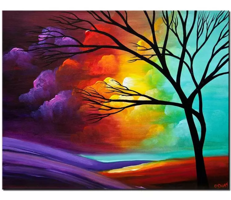 landscape paintings - colorful abstract landscape painting on canvas original tree painting modern colorful wall art for living room