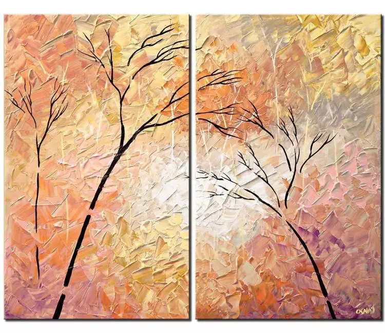 forest painting - forest painting on canvas original trees painting pastel art light pink textured painting modern living room wall art