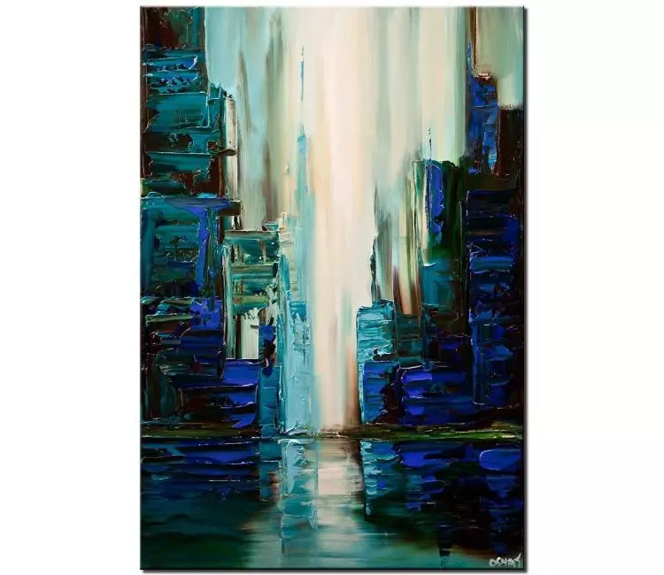 cityscape painting - blue teal city painting on canvas original textured abstract cityscape painting modern living room wall art
