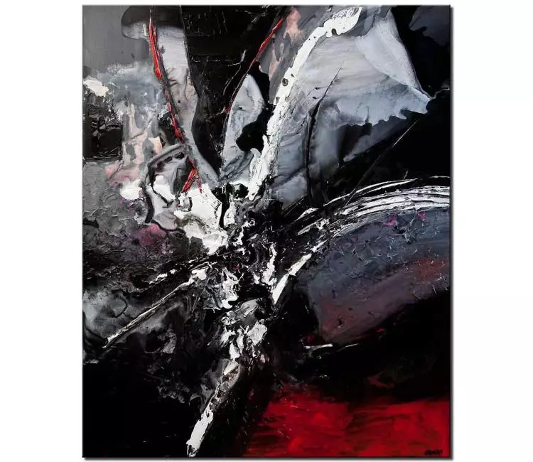 fluid painting - minimalist abstract art on canvas original black white red textured painting vertical living room wall art