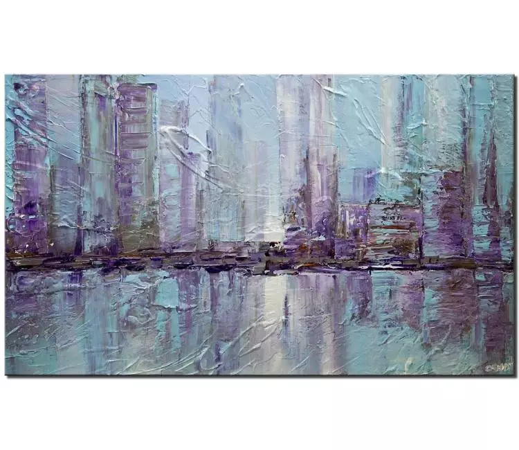 cityscape painting - light blue city painting on canvas original 3d city art textured painting modern living room wall art