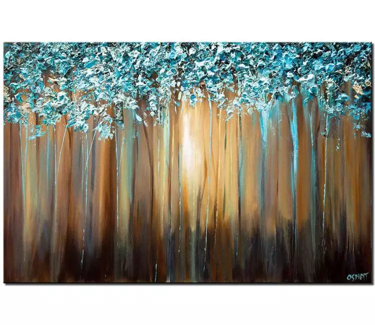 forest painting - teal abstract trees painting on canvas neutral 3d trees art original modern light blue forest painting