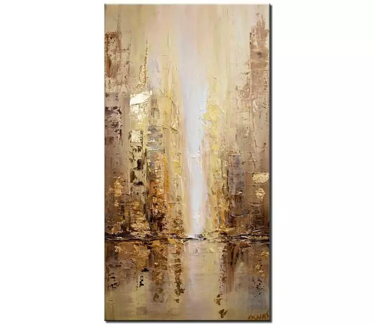 cityscape painting - neutral wall art original city painting on canvas in gold  textured painting for living room