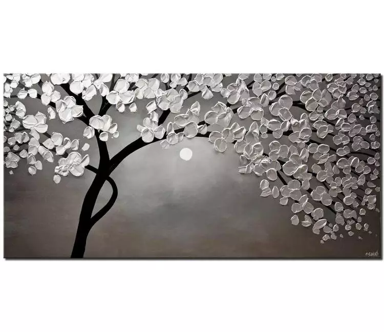 forest painting - silver blooming tree painting on canvas with textured petals living room wall art