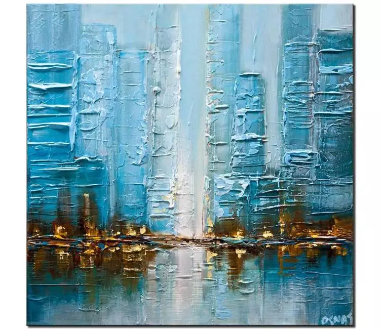 cityscape painting - light blue abstract city art on canvas original cityscape painting for living room 3d art for a modern home and office