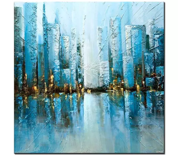 cityscape painting - light blue painting city painting textured abstract art on canvas original 3d art modern home office art