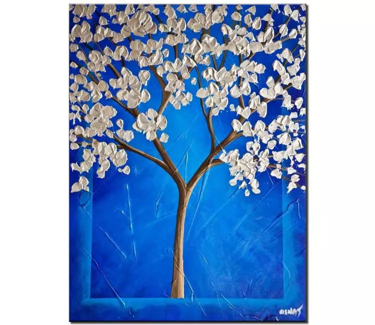landscape paintings - blue tree painting on canvas original abstract tree art silver blue textured painting modern 3d art