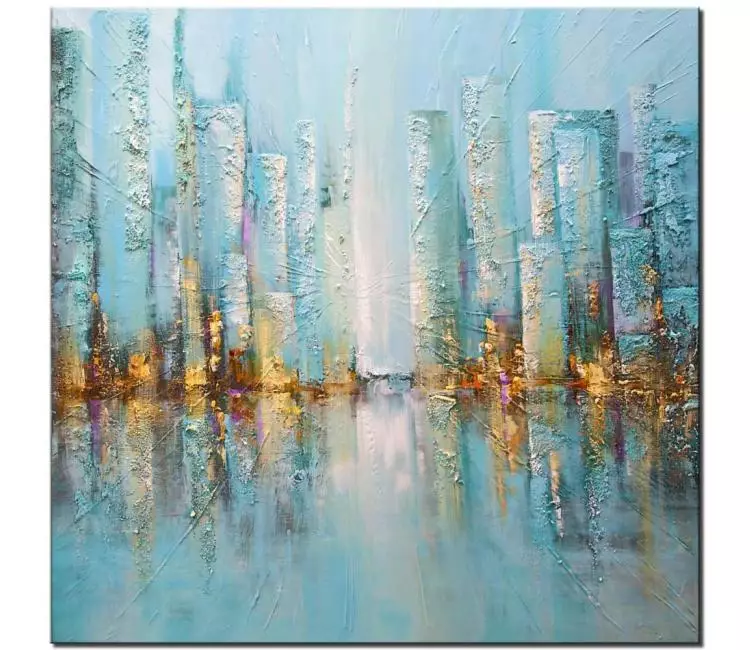 cityscape painting - light blue abstract painting cityscape wall art square art