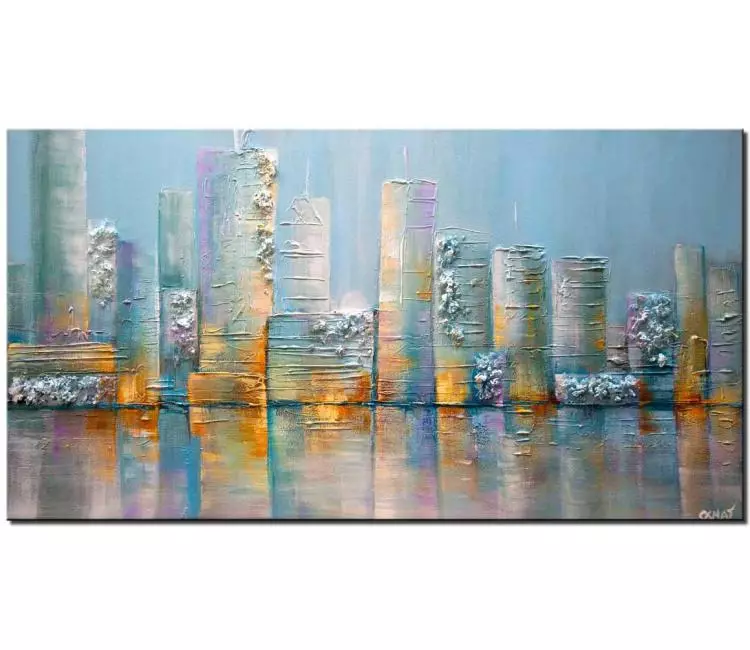 cityscape painting - light blue city painting on canvas original abstract city art textured painting modern art for living room