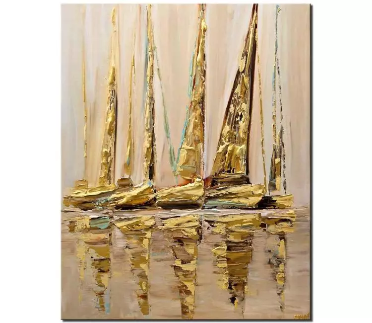 sailboats painting - original abstract sailboat painting on canvas handmade textured boat painting in gold and beige minimalist art