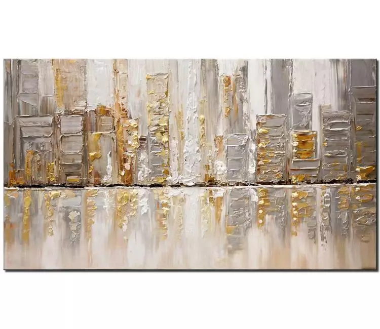 cityscape painting - original city painting on canvas 3d art silver gold wall art modern home decor city art for your living room