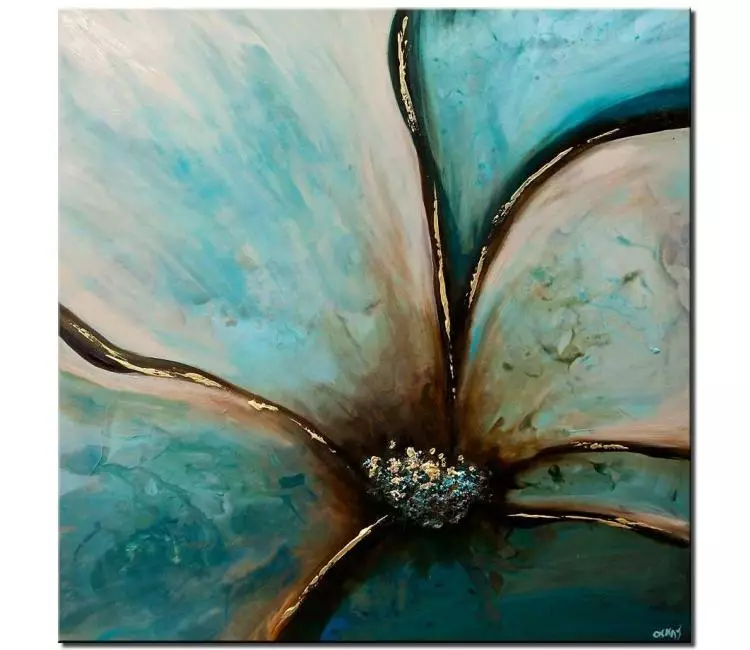 floral painting - Turquoise teal abstract flower painting 3d flower art square painting living room bedroom modern art