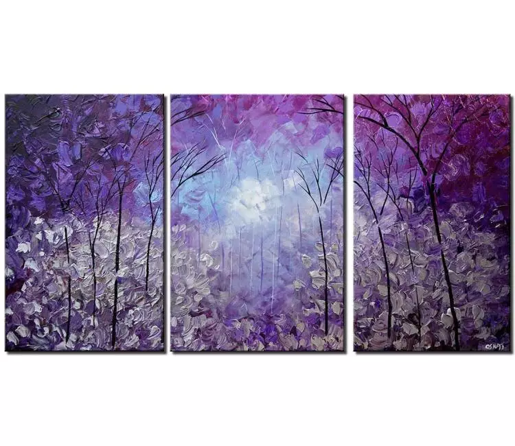 print on canvas - canvas print of modern palette knife blooming trees purple silver wall art