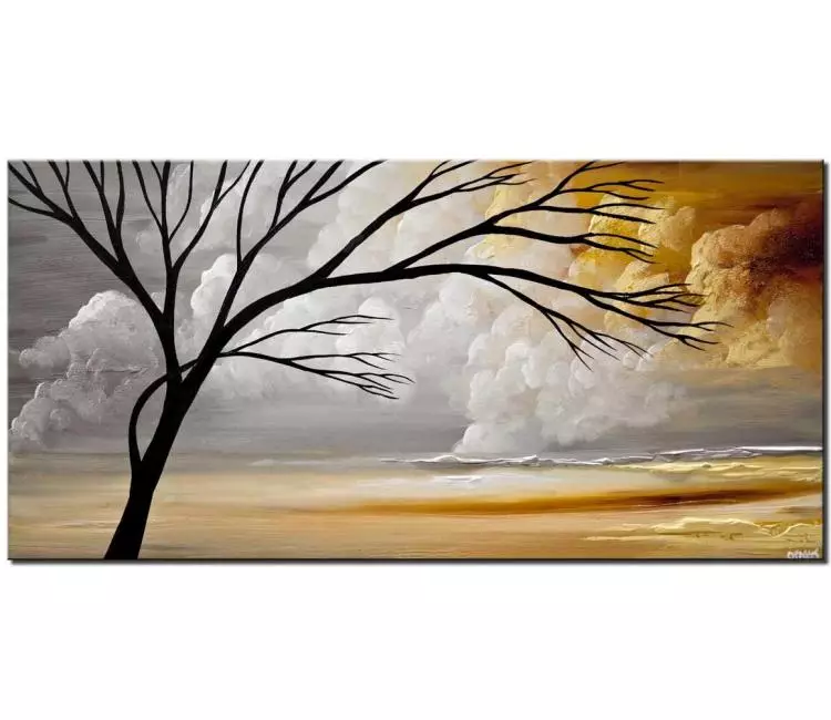 landscape paintings - abstract tree painting on canvas minimalist landscape art for living room grey and yellow nature art