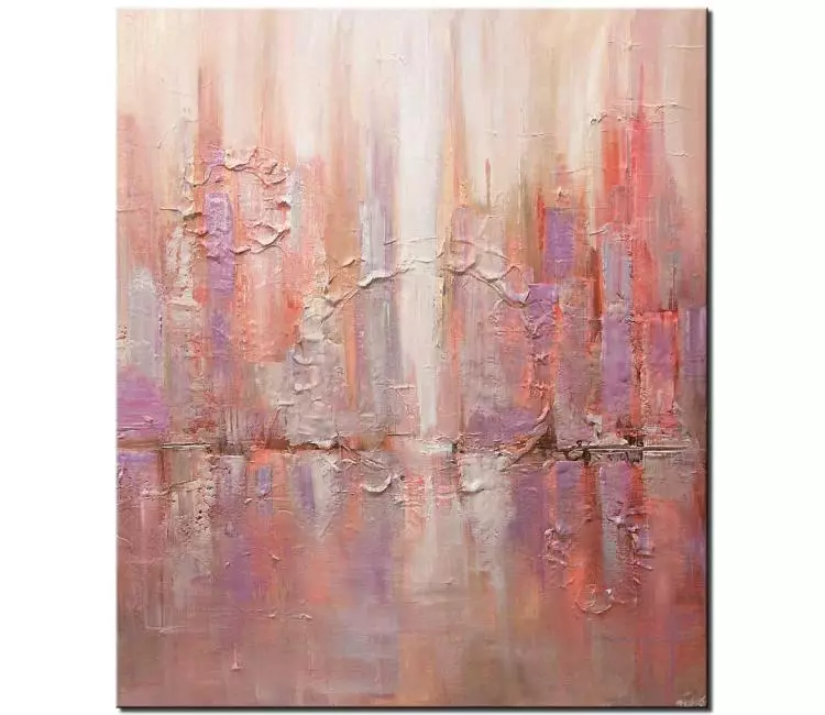 cityscape painting - soft color cityscape abstract art canvas painting pink wall art textured original modern city art