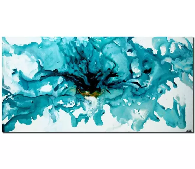 fluid painting - teal abstract art on canvas minimalist wall art blue white modern painting for living room