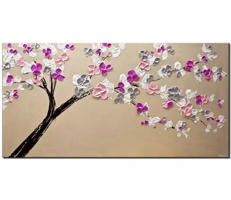 trees painting - modern cherry blossom tree painting in neutral beige pink colors for bedroom and living room