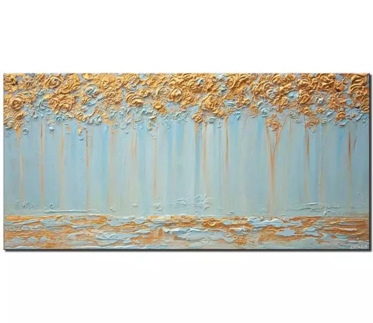 forest painting - abstract trees wall art in light blue and gold original modern canvas painting for living room