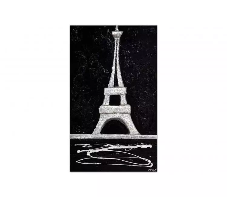 cityscape painting - black silver abstract painting of Eiffel tower minimalist art on canvas original artwork