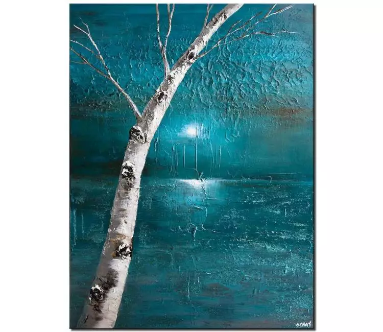 landscape paintings - modern birch tree painting teal wall art on canvas original textured landscape painting